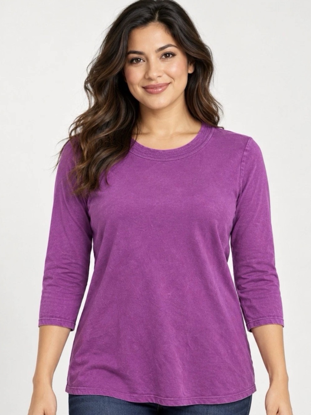 LOGO Lori Goldstein Stitch Detail 3/4 Sleeve Top Sparkling Grape Small A720538